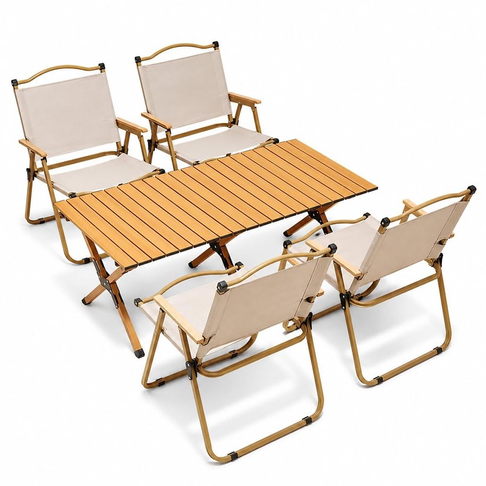 Portable Folding Camping Table Set with 4 Lightweight Chairs, Ideal for Outdoor Picnics, Family Beach Trips, RV Adventures, and Patio Use