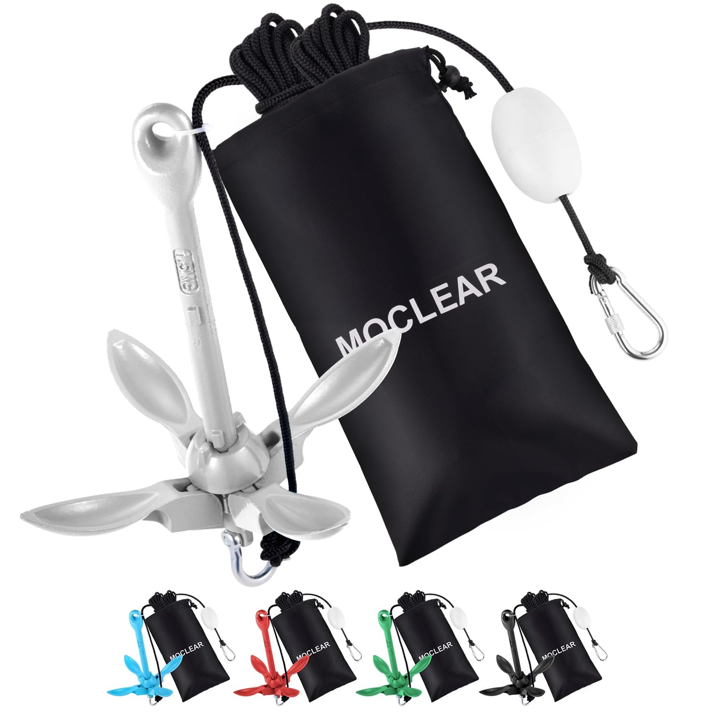 Moclear Kayak Anchor Kit, 1.5/3.5 lb Compact Folding Grapnel Anchor for Kayaks, Canoes, SUPs, Jet Skis, Small Boats - Lightweight Portable Marine Boat Anchor with Rust-Resistant Design