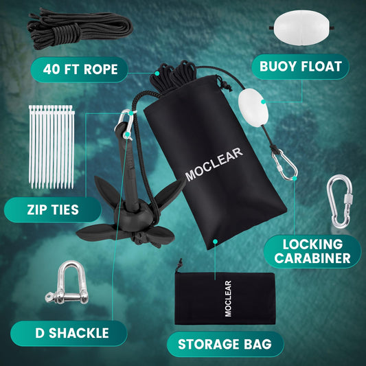 Moclear Kayak Anchor Kit, 1.5/3.5 lb Compact Folding Grapnel Anchor for Kayaks, Canoes, SUPs, Jet Skis, Small Boats - Lightweight Portable Marine Boat Anchor with Rust-Resistant Design
