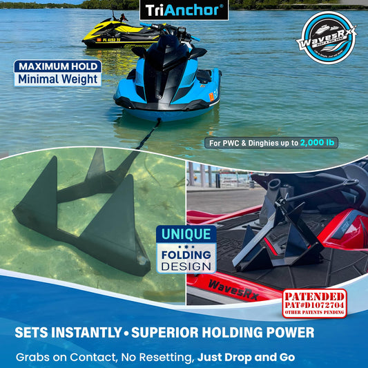 WAVESRX TriAnchor - Stainless Steel Folding PWC & Boat Anchor | Sets Instantly for Effortless Boat & Jet Ski Anchoring | Compact Patent-Pending Design Grips Better Than Plow, Fluke or Box Anchor