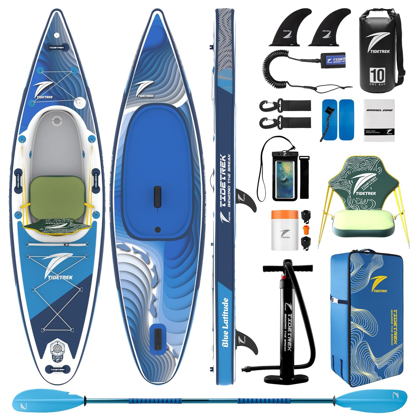 TIDETREK Inflatable Touring Kayak with Waterproof Seat & Premium Accessories, 11'3" x 35" x 8" Ultra-Stable SUP Kayak Hybrid, Non-Slip Comfort Deck for Adults & Youth