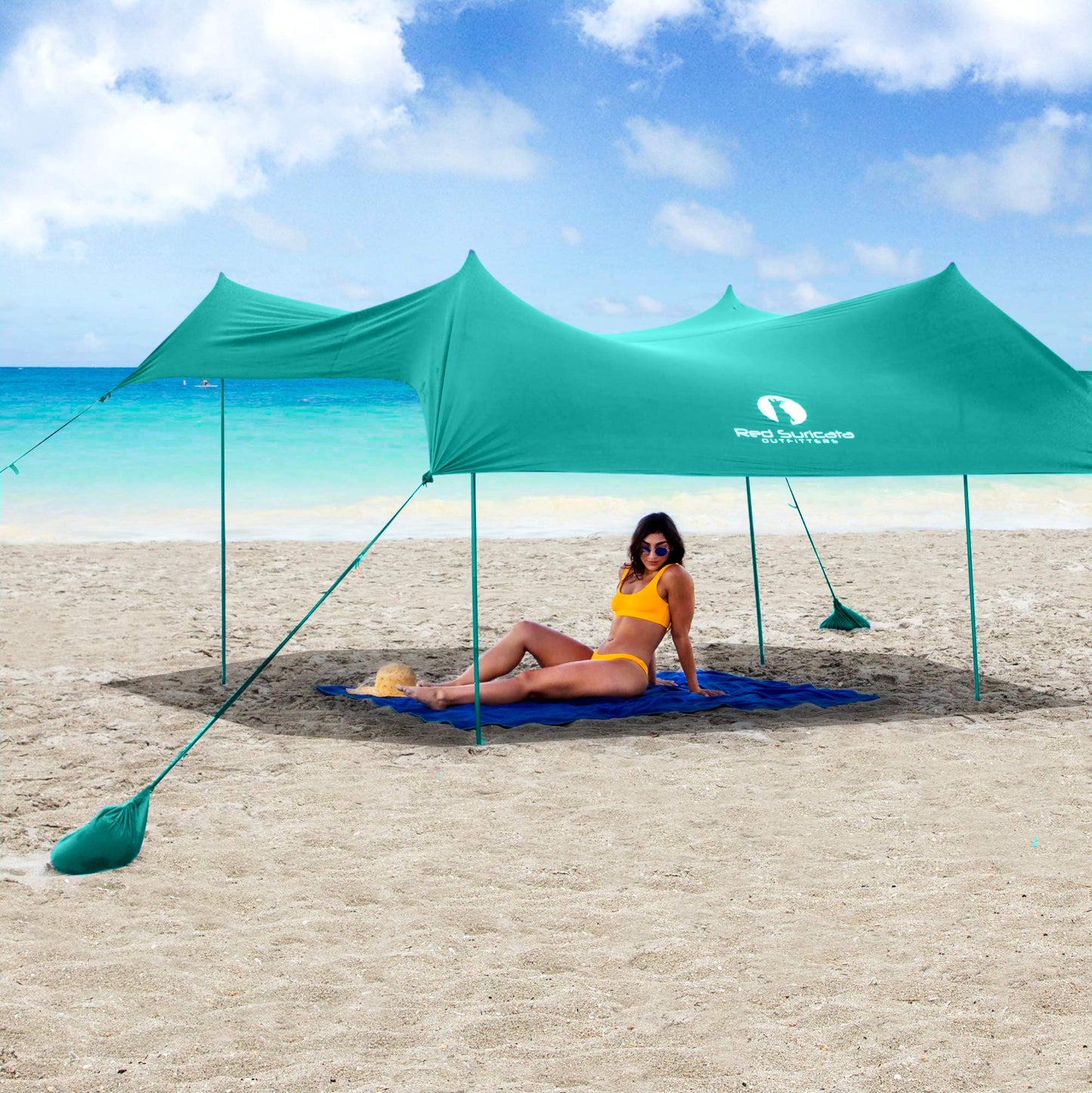 Red Suricata Family Beach Parasol - Sun Shade Canopy | UPF 50 UV Protection | Tent with 4 Aluminium Poles, 4 Pole Anchors, 4 Sandbag Anchors | Large & Portable Shelter Tarp