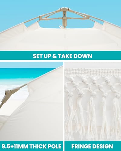 OutdoorMaster Pop Up Beach Tent with Fringe for 4 Person, Easy Setup and Portable Beach Shade Sun Shelter Canopy with UPF 50+ UV Protection, 11MM Thick Pole