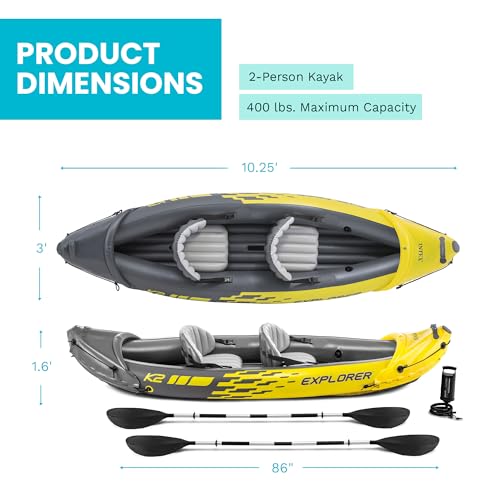 INTEX 68307EP Explorer K2 Inflatable Kayak Set: Deluxe 86in Kayak Paddles and High-Output Pump – Adjustable Seats with Backrest – Removable Skeg – 2-Person – 400lb Weight Capacity, 2 Pack