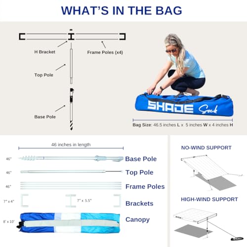 ShadeSock – The Ultimate Wind-Inflating Beach Shade – Silent, Non-Flapping Design, 8x10ft Auto-Directing Canopy – Light-Weight and Portable – Easy 2 Minute Set-Up