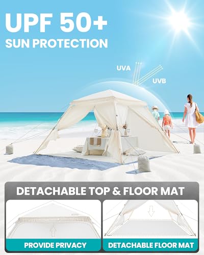 OutdoorMaster Pop Up Beach Tent with Fringe for 4 Person, Easy Setup and Portable Beach Shade Sun Shelter Canopy with UPF 50+ UV Protection, 11MM Thick Pole