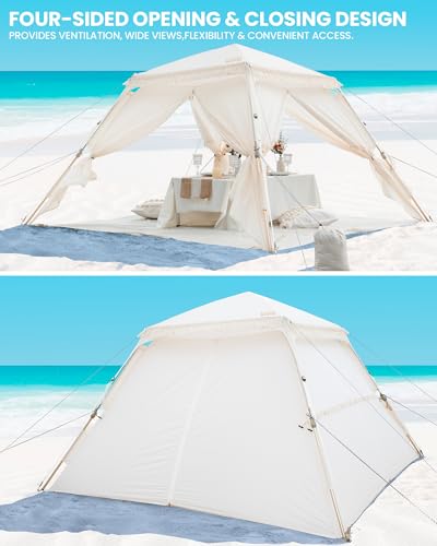 OutdoorMaster Pop Up Beach Tent with Fringe for 4 Person, Easy Setup and Portable Beach Shade Sun Shelter Canopy with UPF 50+ UV Protection, 11MM Thick Pole