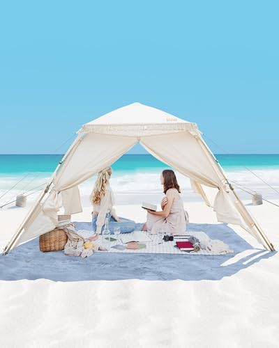 OutdoorMaster Pop Up Beach Tent with Fringe for 4 Person, Easy Setup and Portable Beach Shade Sun Shelter Canopy with UPF 50+ UV Protection, 11MM Thick Pole