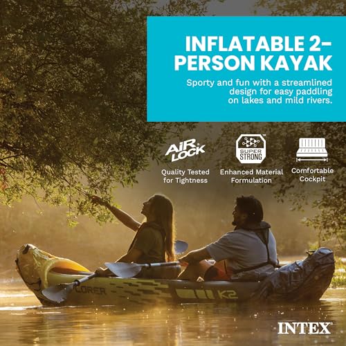 INTEX 68307EP Explorer K2 Inflatable Kayak Set: Deluxe 86in Kayak Paddles and High-Output Pump – Adjustable Seats with Backrest – Removable Skeg – 2-Person – 400lb Weight Capacity, 2 Pack