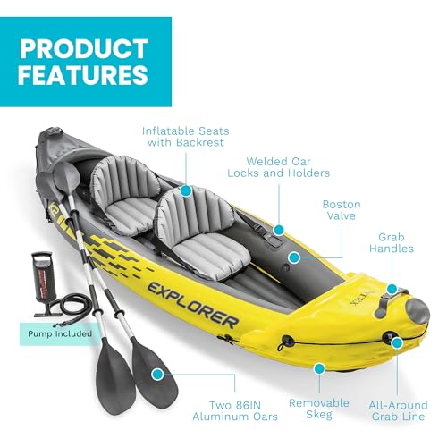 INTEX 68307EP Explorer K2 Inflatable Kayak Set: Deluxe 86in Kayak Paddles and High-Output Pump – Adjustable Seats with Backrest – Removable Skeg – 2-Person – 400lb Weight Capacity, 2 Pack