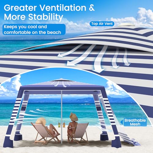 MoKo Beach Cabana, 8'×8' Large Beach Canopy with Side Wall, UPF 50+ Protection Easy Setup Beach Tent Sun Shelter, Adjustable Height Wind Resistant Cabana Beach Tent for Whole Family, Navy Stripes