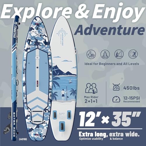iTAOSTAR Adventure 12'× 35"/39" Inflatable Stand Up Paddle Board with Seat, Extra Wide SUP Board with 5 Fins Stable Design for Familly, Youth, All Skill Levels, Lakes, Oceans & Fishing