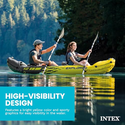 INTEX 68307EP Explorer K2 Inflatable Kayak Set: Deluxe 86in Kayak Paddles and High-Output Pump – Adjustable Seats with Backrest – Removable Skeg – 2-Person – 400lb Weight Capacity, 2 Pack