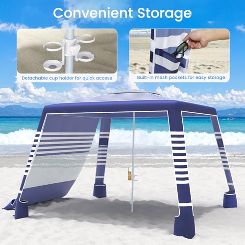 MoKo Beach Cabana, 8'×8' Large Beach Canopy with Side Wall, UPF 50+ Protection Easy Setup Beach Tent Sun Shelter, Adjustable Height Wind Resistant Cabana Beach Tent for Whole Family, Navy Stripes