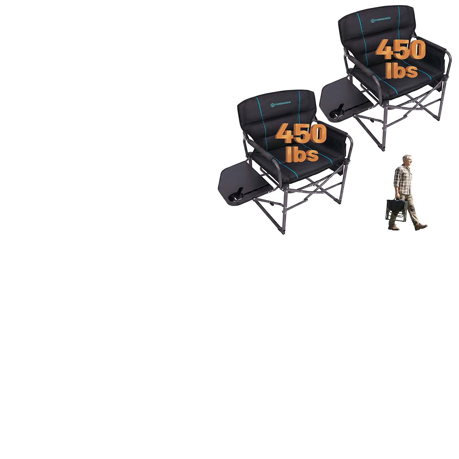 FUNDANGO Oversized Folding Chairs for Outside, Fully Padded Camping Director Chair for Adults, Support 450lbs Portable lawn chairs with Side Table, Side Pockets for outdoor Camp, Picnic, Lawn, Concert