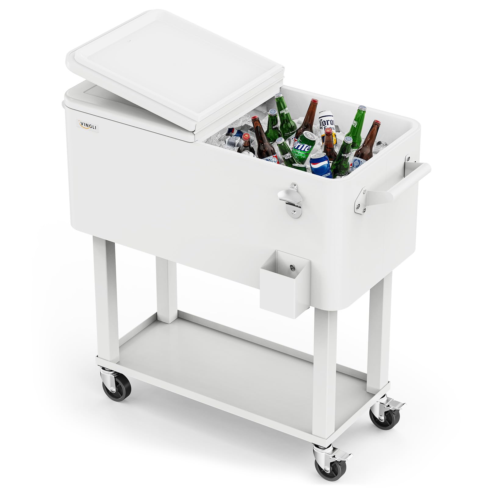 VINGLI Rolling Ice Chest, Portable Patio Party Bar Drink Cooler Cart, with Shelf, Beverage Pool with Bottle Opener