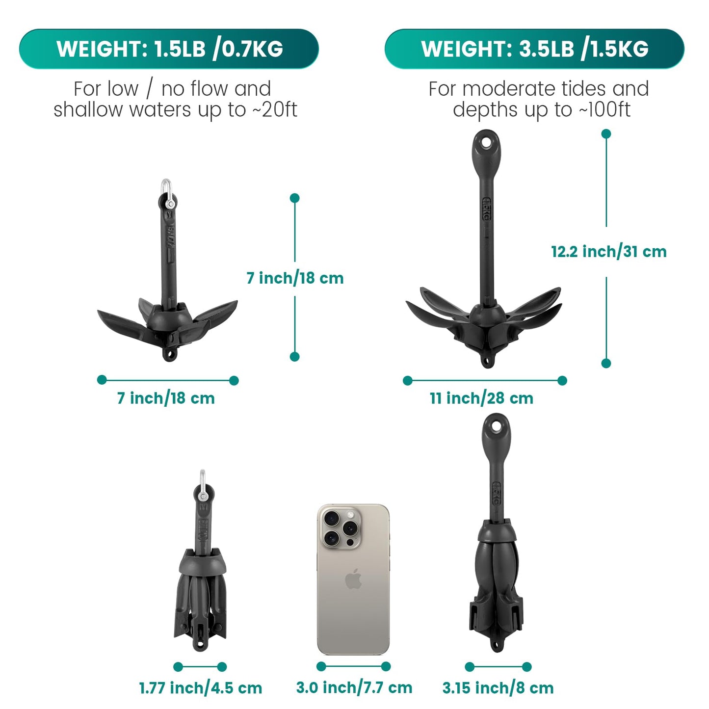 Moclear Kayak Anchor Kit, 1.5/3.5 lb Compact Folding Grapnel Anchor for Kayaks, Canoes, SUPs, Jet Skis, Small Boats - Lightweight Portable Marine Boat Anchor with Rust-Resistant Design