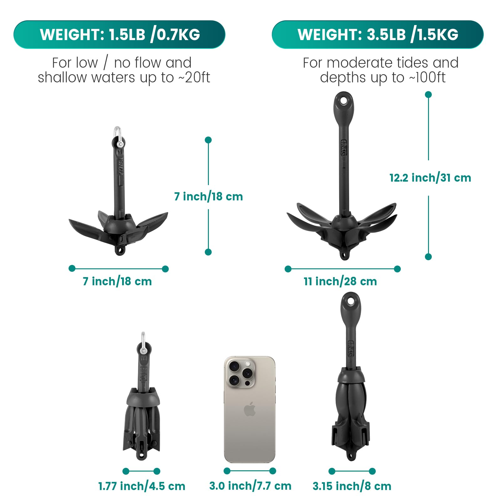 Moclear Kayak Anchor Kit, 1.5/3.5 lb Compact Folding Grapnel Anchor for Kayaks, Canoes, SUPs, Jet Skis, Small Boats - Lightweight Portable Marine Boat Anchor with Rust-Resistant Design