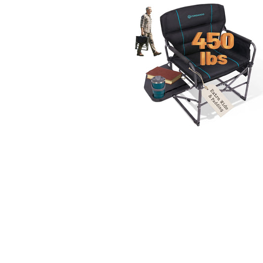 FUNDANGO Oversized Folding Chairs for Outside, Fully Padded Camping Director Chair for Adults, Support 450lbs Portable lawn chairs with Side Table, Side Pockets for outdoor Camp, Picnic, Lawn, Concert