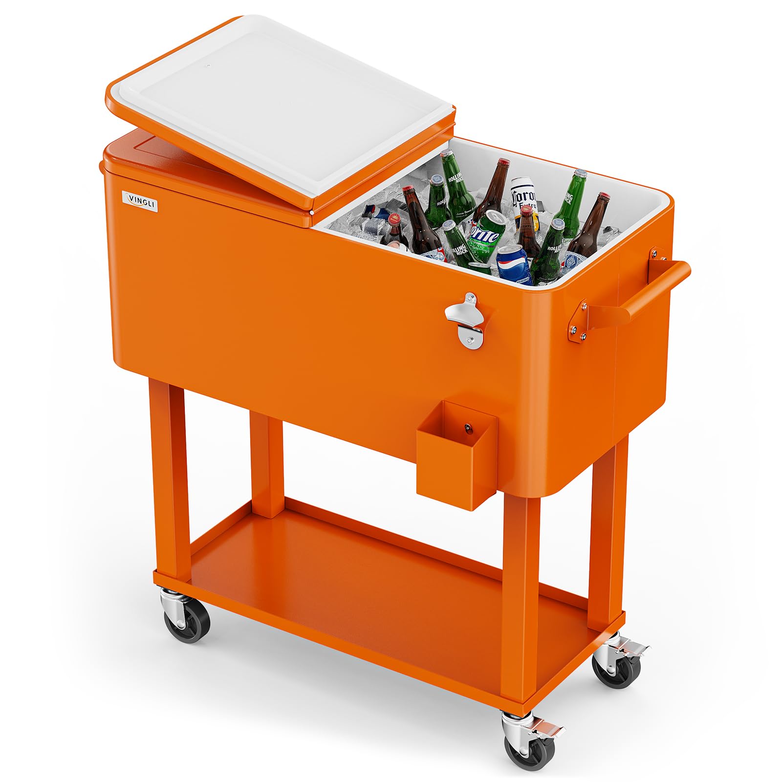 VINGLI Rolling Ice Chest, Portable Patio Party Bar Drink Cooler Cart, with Shelf, Beverage Pool with Bottle Opener