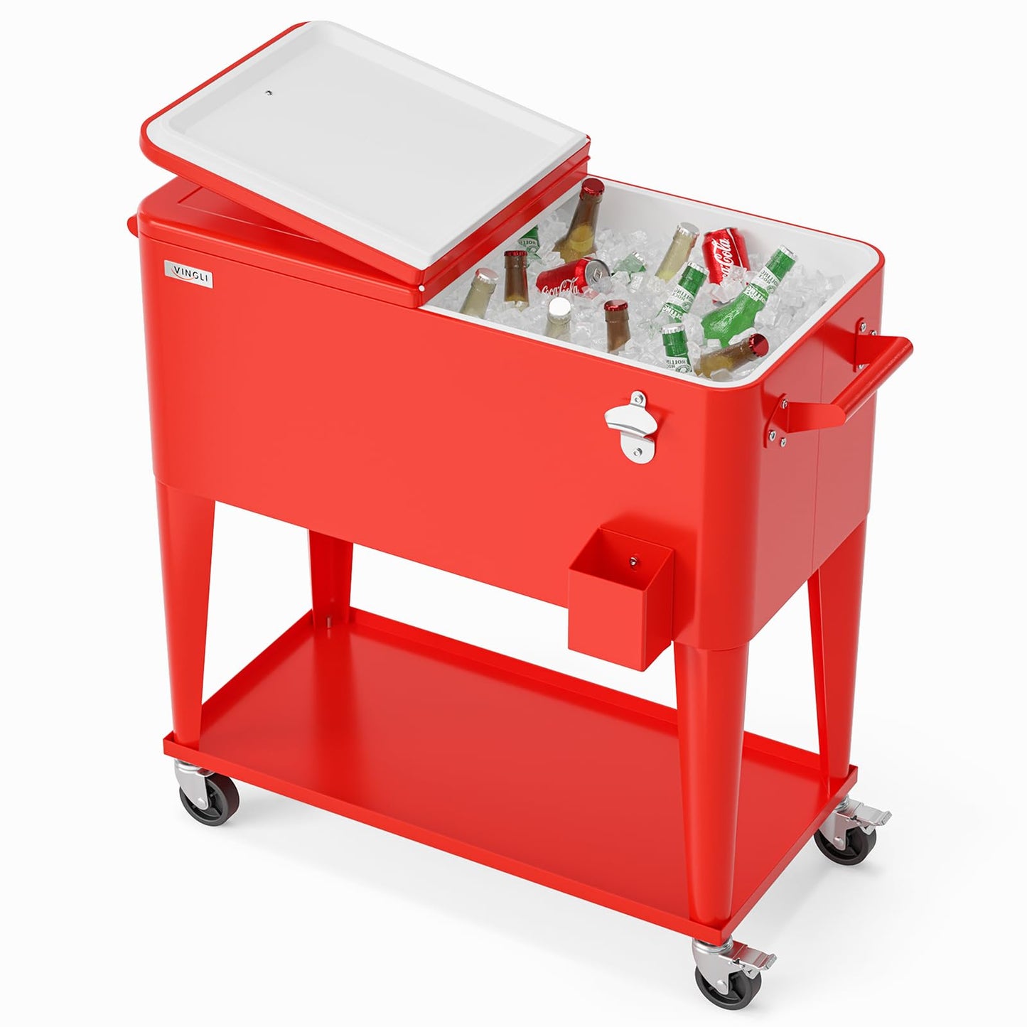 VINGLI Rolling Ice Chest, Portable Patio Party Bar Drink Cooler Cart, with Shelf, Beverage Pool with Bottle Opener