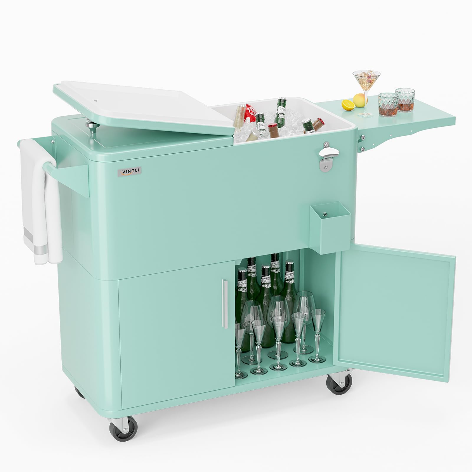 VINGLI Patio Cooler, Ice Chest with Storage Cabinet, Bottle Opener Drainage, Outdoor Cooler for Party, Deck, Pool