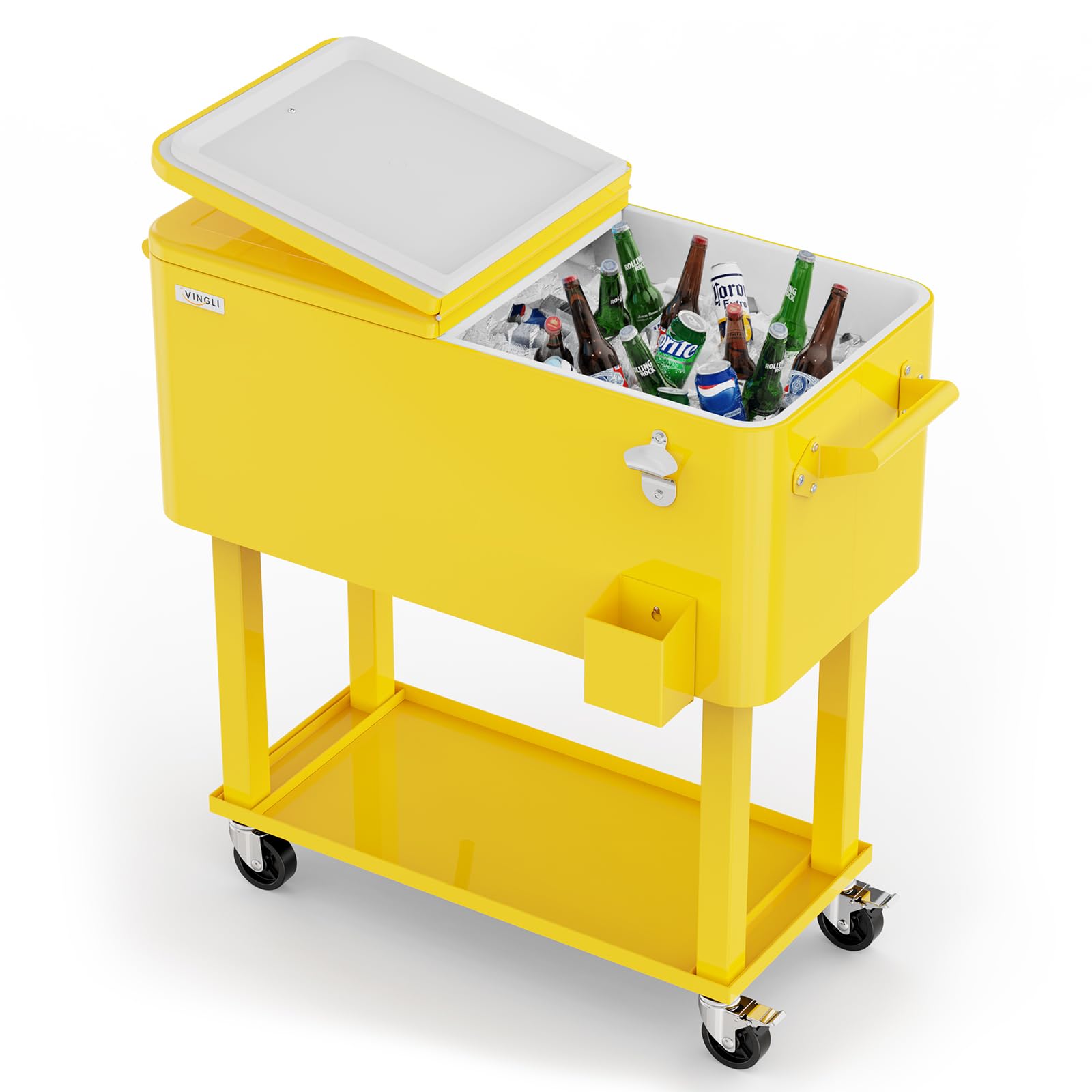VINGLI Rolling Ice Chest, Portable Patio Party Bar Drink Cooler Cart, with Shelf, Beverage Pool with Bottle Opener