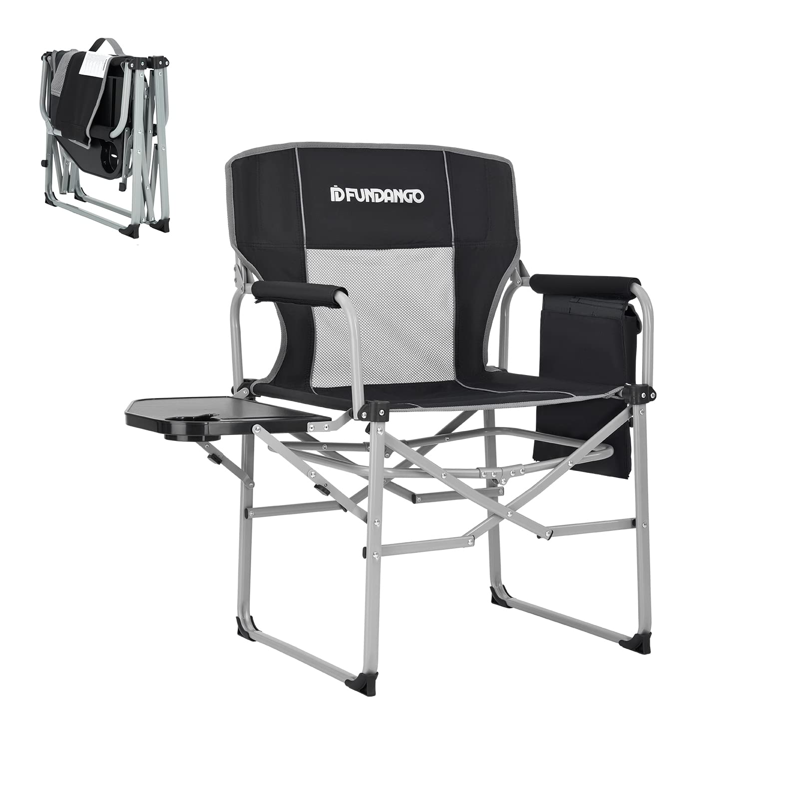 FUNDANGO Oversized Folding Chairs for Outside, Fully Padded Camping Director Chair for Adults, Support 450lbs Portable lawn chairs with Side Table, Side Pockets for outdoor Camp, Picnic, Lawn, Concert