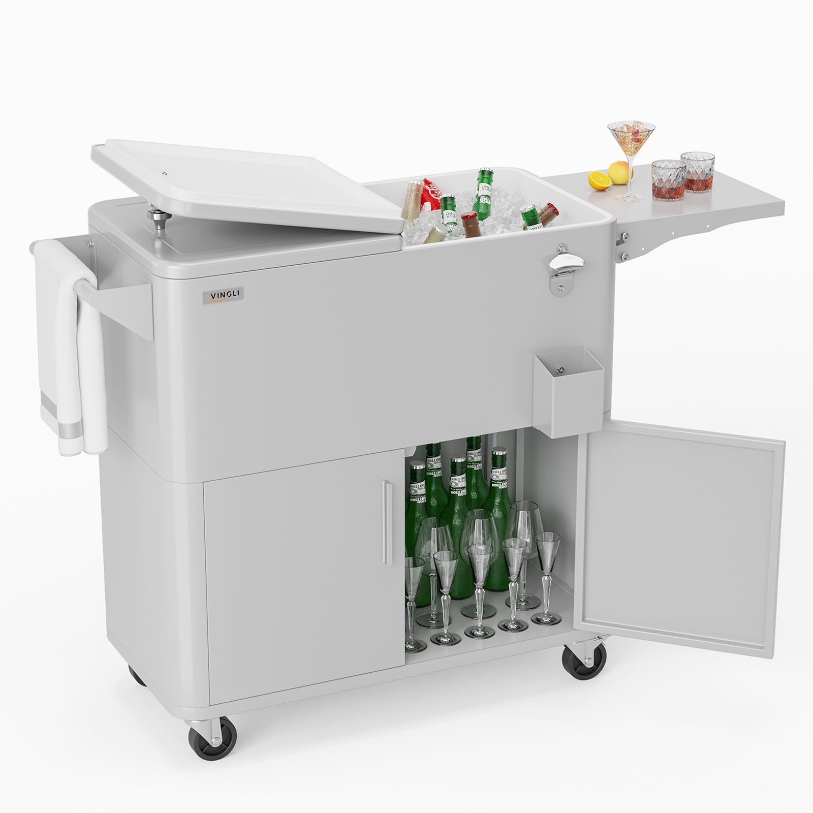 VINGLI Patio Cooler, Ice Chest with Storage Cabinet, Bottle Opener Drainage, Outdoor Cooler for Party, Deck, Pool