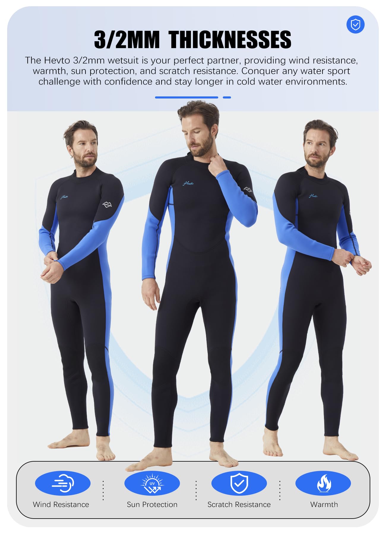 Hevto Men Wetsuits 3/2mm Neoprene Wet Suit Back Front Zip in Cold Water for Surfing Swimming Diving