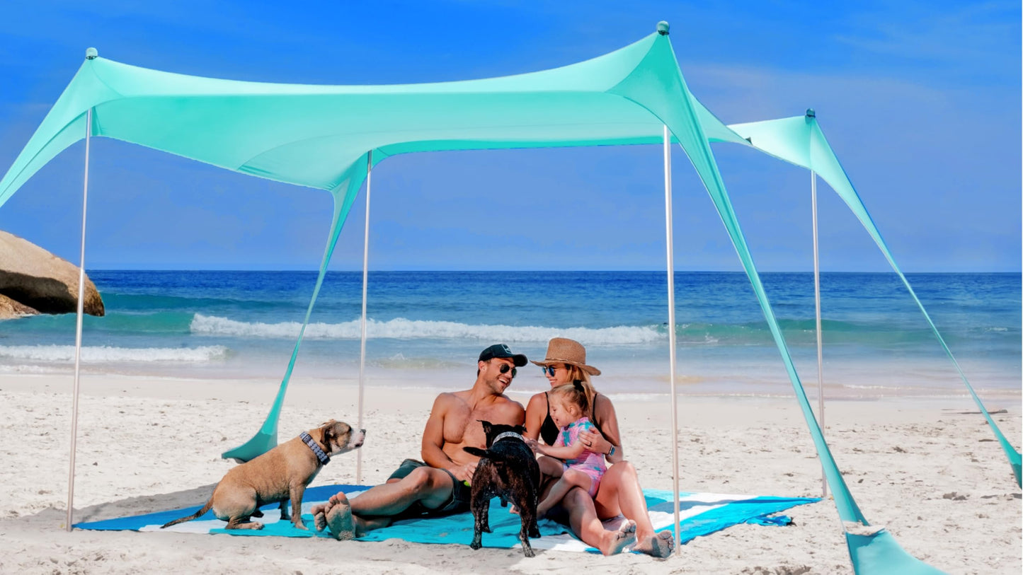 SUN NINJA Beach Tent Sun Shelter UPF50+ - Easy Pop Up Beach Canopy - Outdoor Shade for Camping Trips, Fishing, Backyard Fun Picnics - Sand Shovel, Ground Pegs & Stability Poles