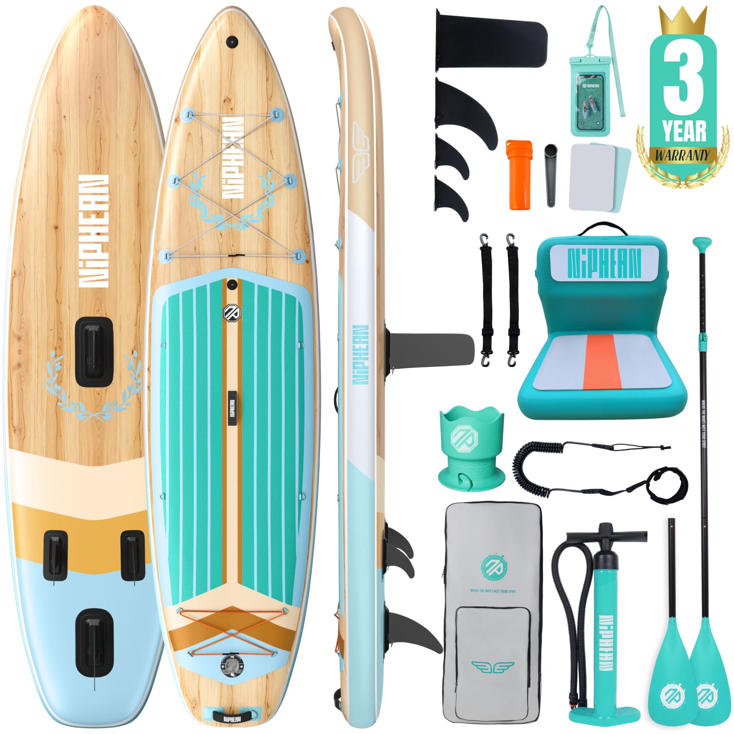 Niphean (Extra Large) Inflatable Paddle Board, SUP for 2+1 People/Family 500lbs Capacity Stand Up Paddle Board with SUP Accessories, StabilTrac Fin Non-Slip Paddleboard for Adults