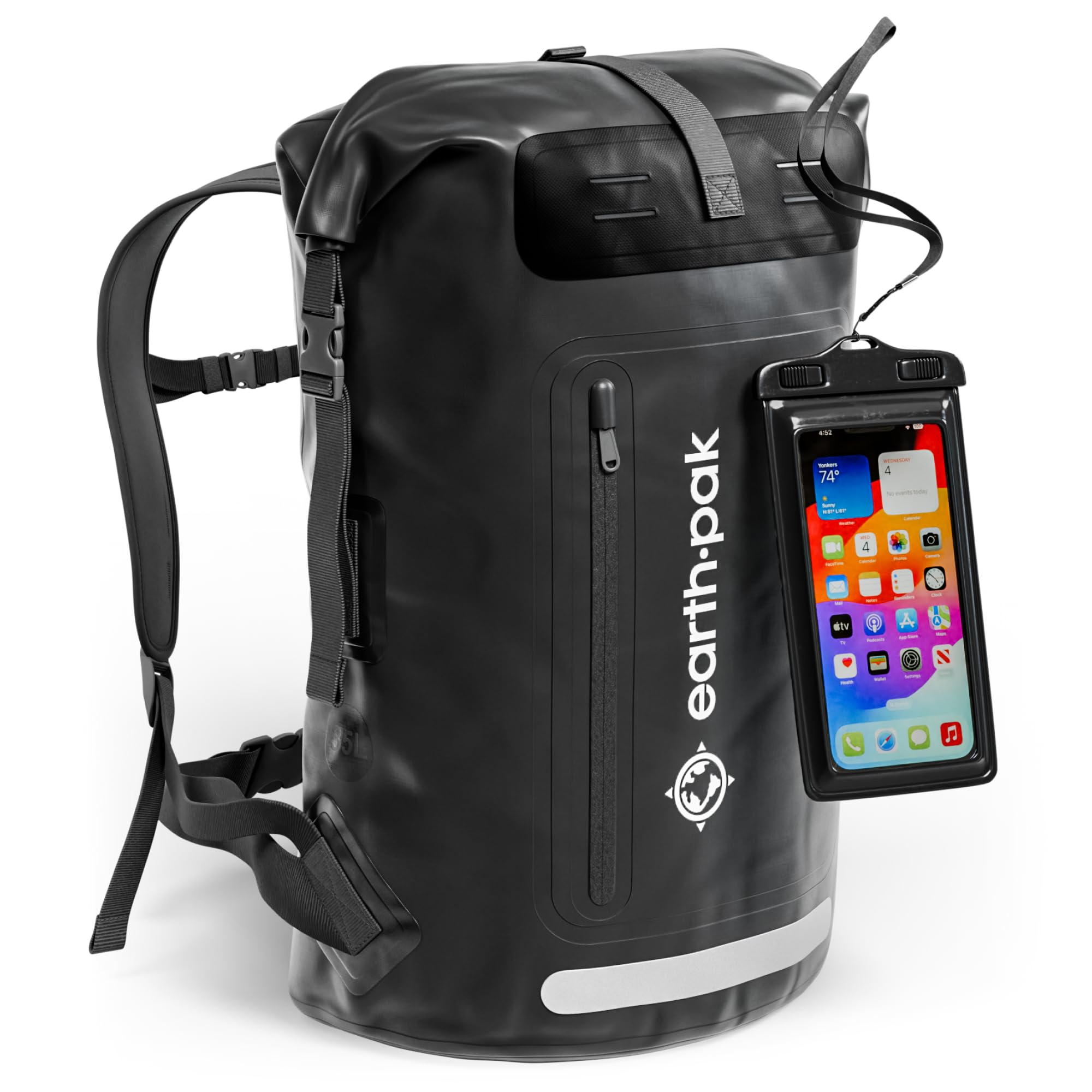 Earth Pak Waterproof Backpack - Heavy Duty Hiking Backpack - Roll-Top Closure Bag - Cushioned Dry Bag Waterproof Phone Case