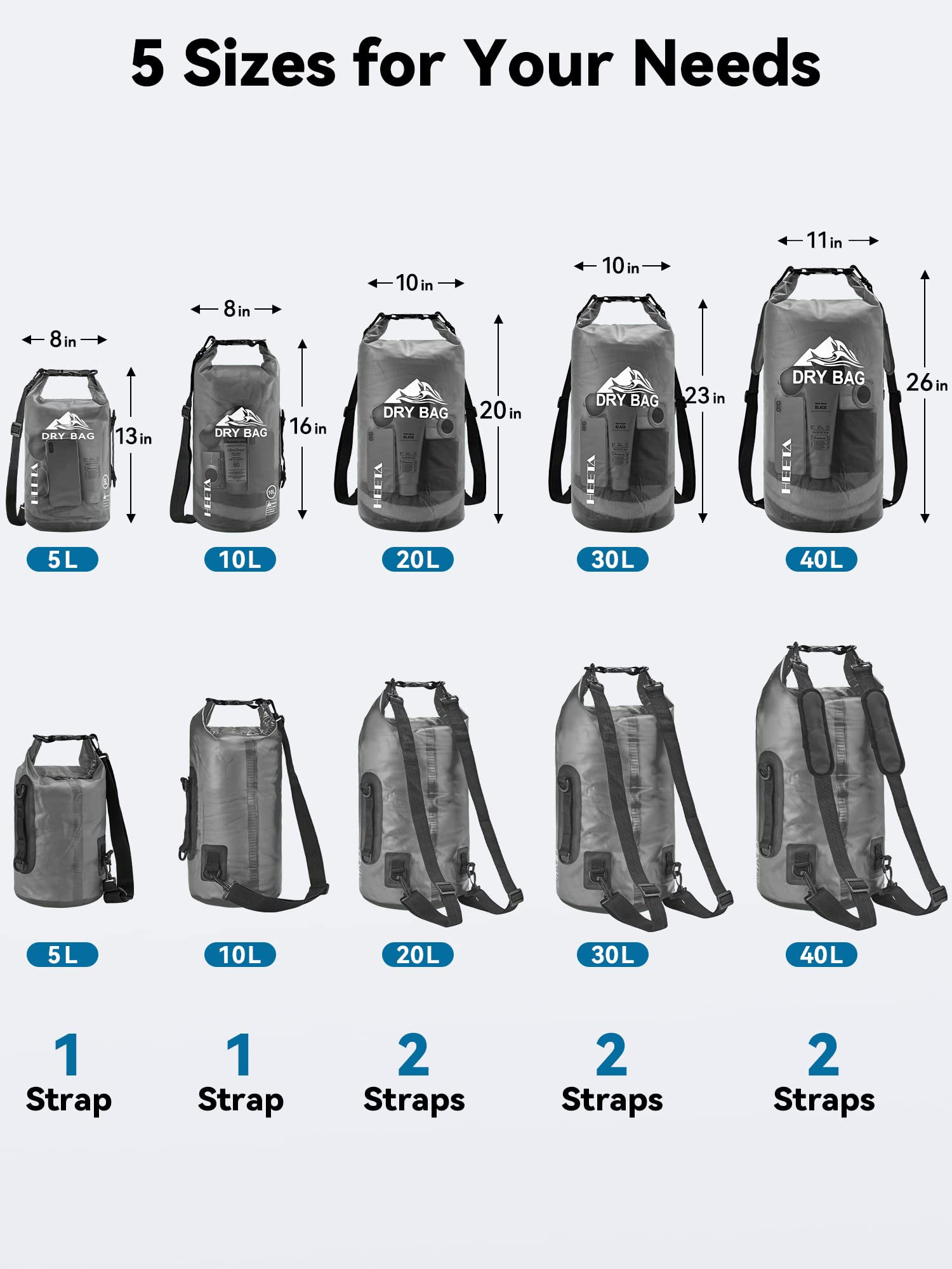 HEETA Dry Bag Waterproof for Women Men, 5L/10L/20L/30L/40L Roll Top Lightweight Dry Storage Bag Backpack with Phone Case for Travel Swimming Boating Kayaking Paddle Board Camping Beach Accessories