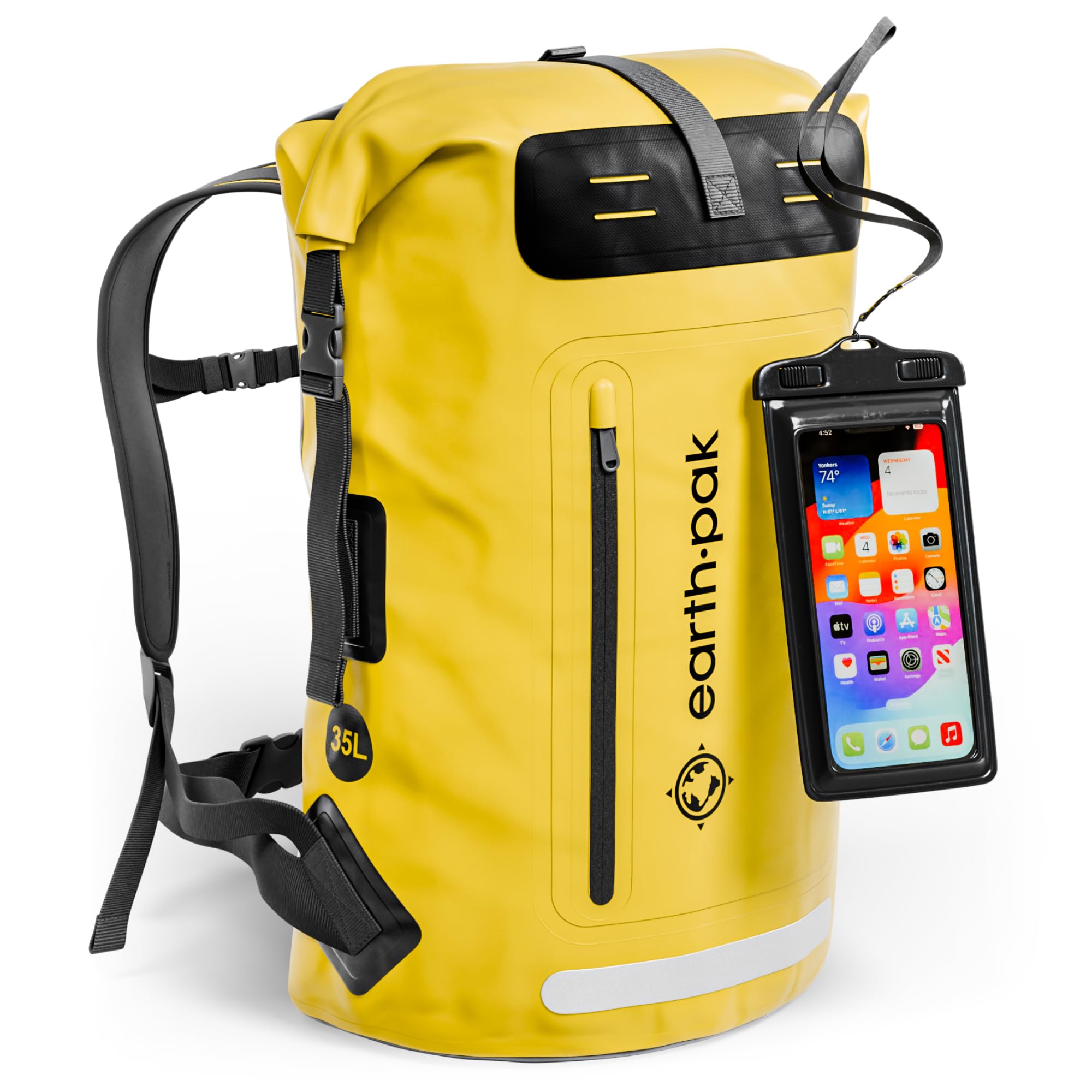 Earth Pak Waterproof Backpack - Heavy Duty Hiking Backpack - Roll-Top Closure Bag - Cushioned Dry Bag Waterproof Phone Case