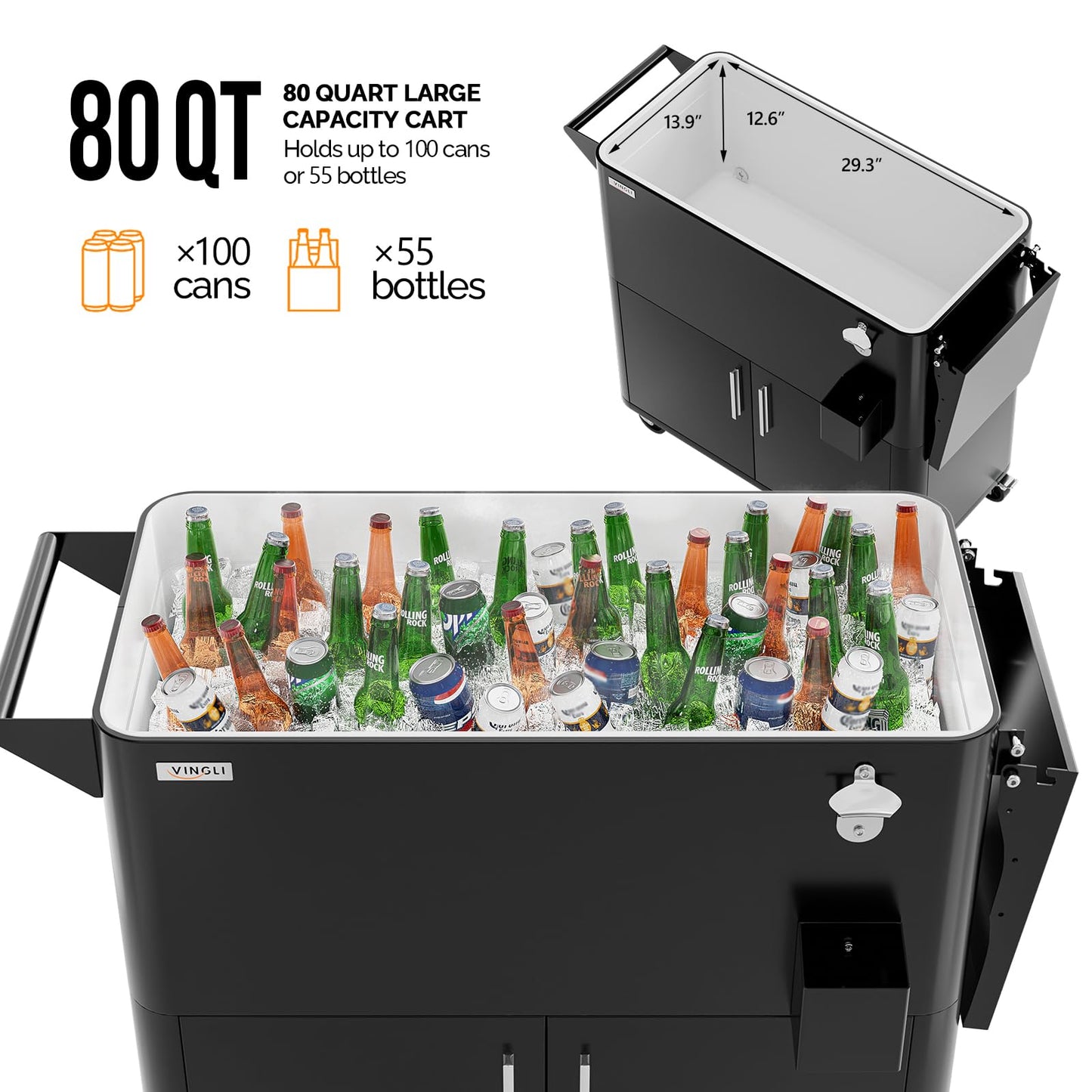 VINGLI Patio Cooler, Ice Chest with Storage Cabinet, Bottle Opener Drainage, Outdoor Cooler for Party, Deck, Pool