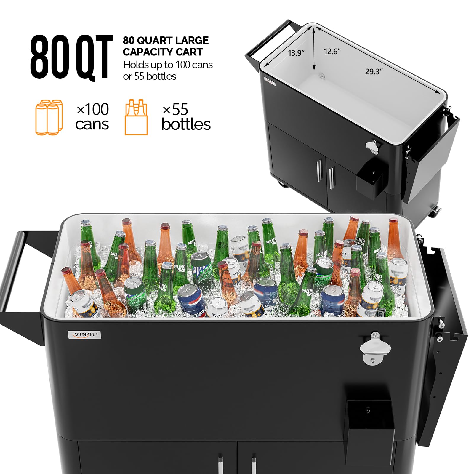 VINGLI Patio Cooler, Ice Chest with Storage Cabinet, Bottle Opener Drainage, Outdoor Cooler for Party, Deck, Pool