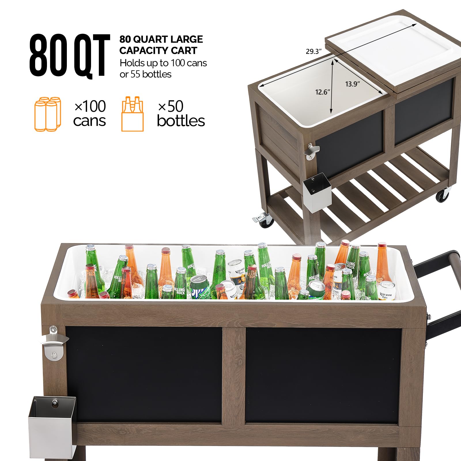 VINGLI Patio Cooler, Ice Chest with Blackboard, Bottle Opener Drainage, Outdoor Cooler for Party, Deck, Pool