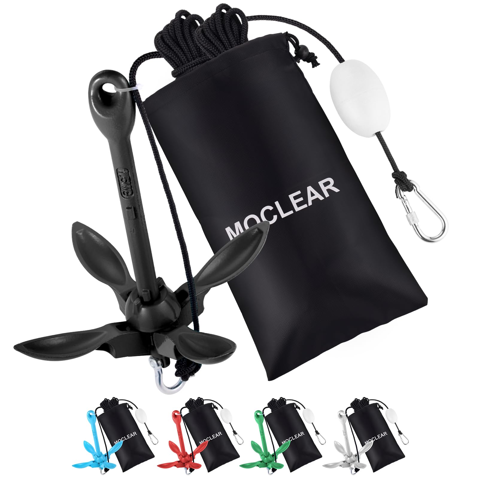 Moclear Kayak Anchor Kit, 1.5/3.5 lb Compact Folding Grapnel Anchor for Kayaks, Canoes, SUPs, Jet Skis, Small Boats - Lightweight Portable Marine Boat Anchor with Rust-Resistant Design