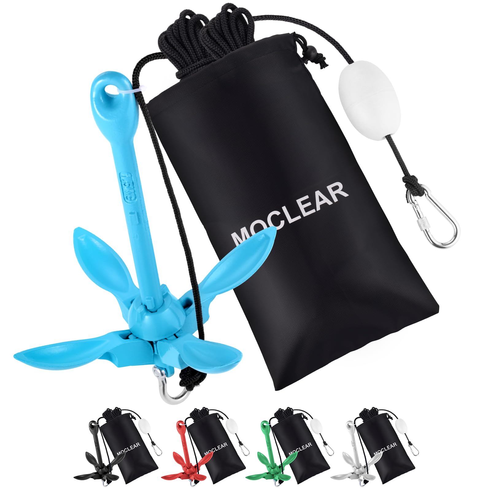Moclear Kayak Anchor Kit, 1.5/3.5 lb Compact Folding Grapnel Anchor for Kayaks, Canoes, SUPs, Jet Skis, Small Boats - Lightweight Portable Marine Boat Anchor with Rust-Resistant Design