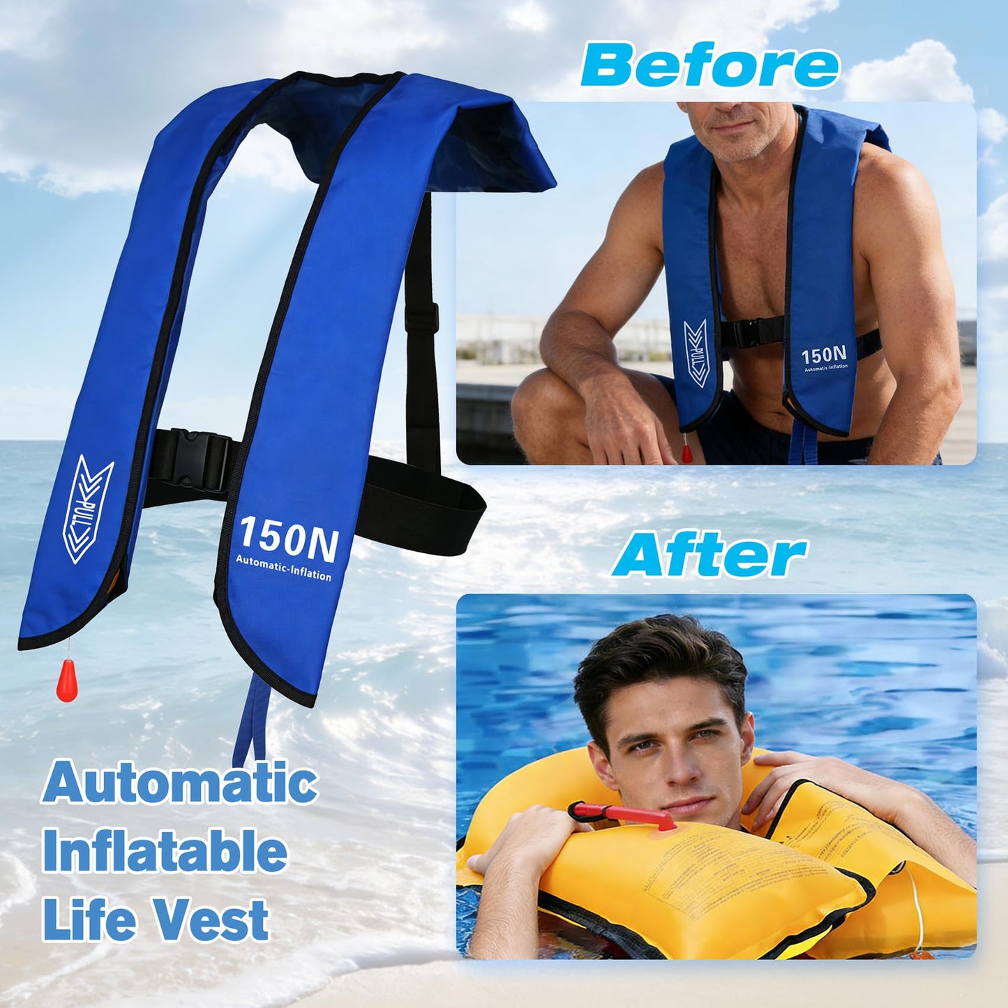 Inflatable Life-Jacket for Adults| Life-Vest Inflation-PFD with Whistle| Automatic & Manual Lightweight Supports up to 300 lbs for Kayaking Fishing Boating