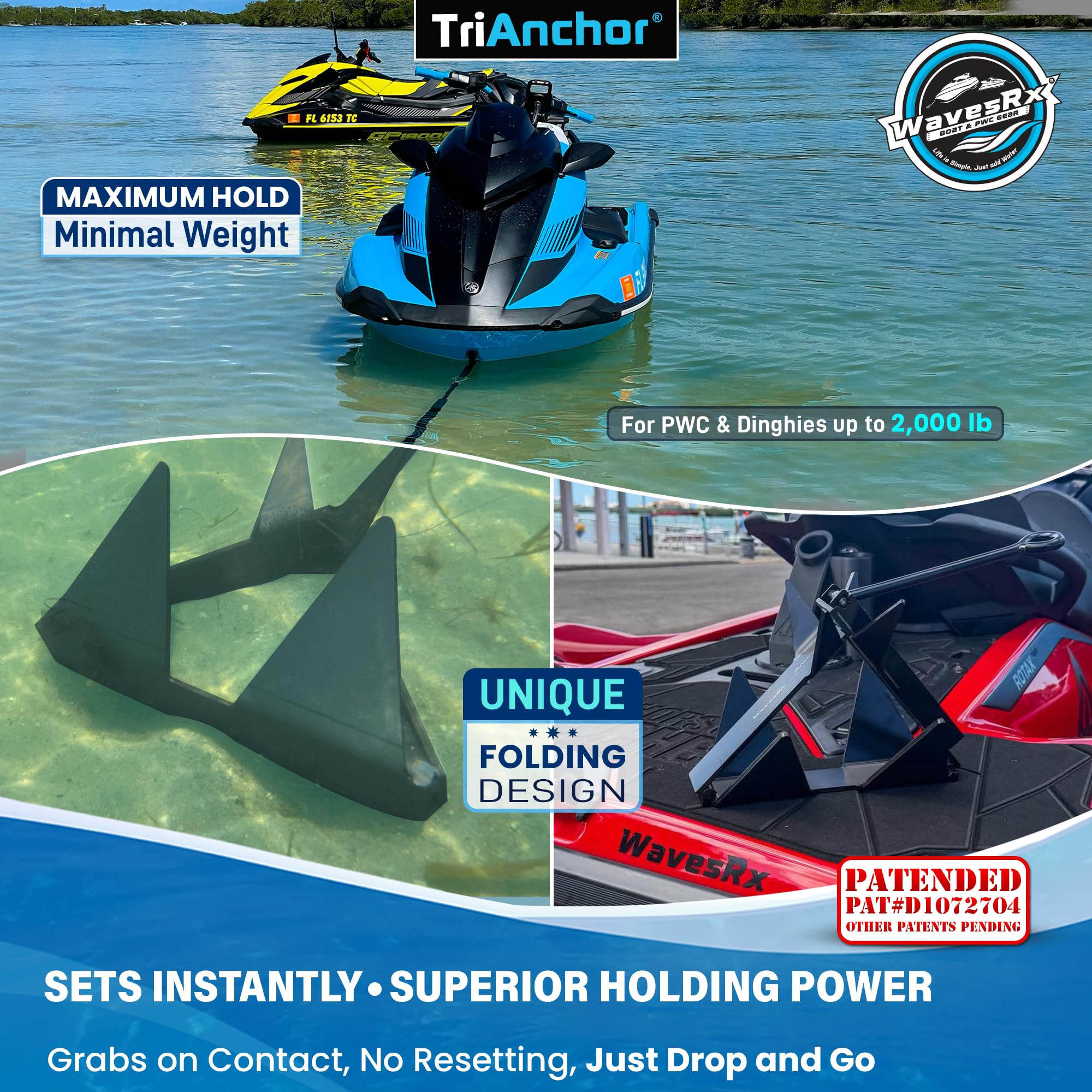 WAVESRX TriAnchor - Stainless Steel Folding PWC & Boat Anchor | Sets Instantly for Effortless Boat & Jet Ski Anchoring | Compact Patent-Pending Design Grips Better Than Plow, Fluke or Box Anchor
