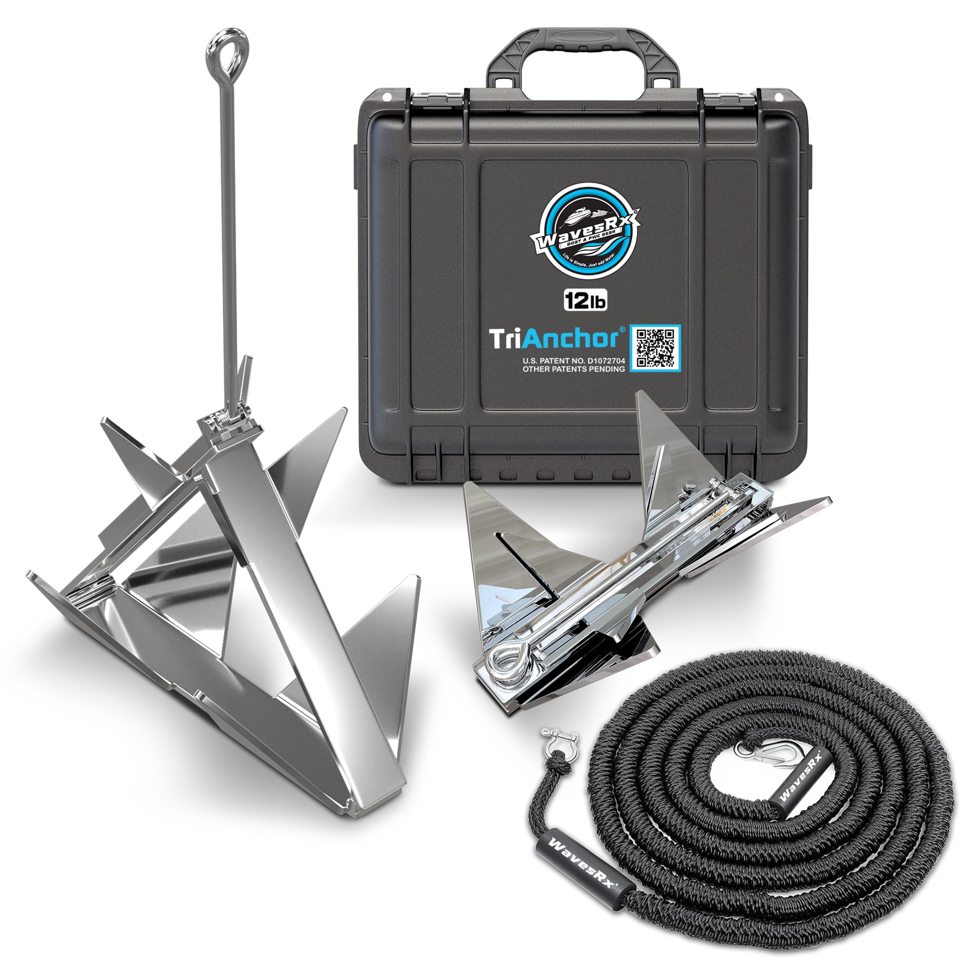 WAVESRX TriAnchor - Stainless Steel Folding PWC & Boat Anchor | Sets Instantly for Effortless Boat & Jet Ski Anchoring | Compact Patent-Pending Design Grips Better Than Plow, Fluke or Box Anchor