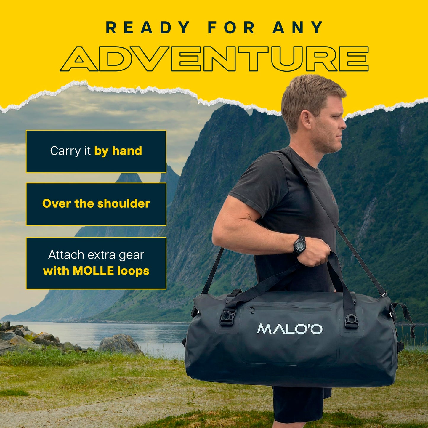 Malo’o Waterproof Dry Duffel, Heavy-Duty Roll Top Waterproof Gear Bag with Shoulder Straps & Molle Loops, Marine Duffel for Kayaking, Boating, Camping, Beach & Travel