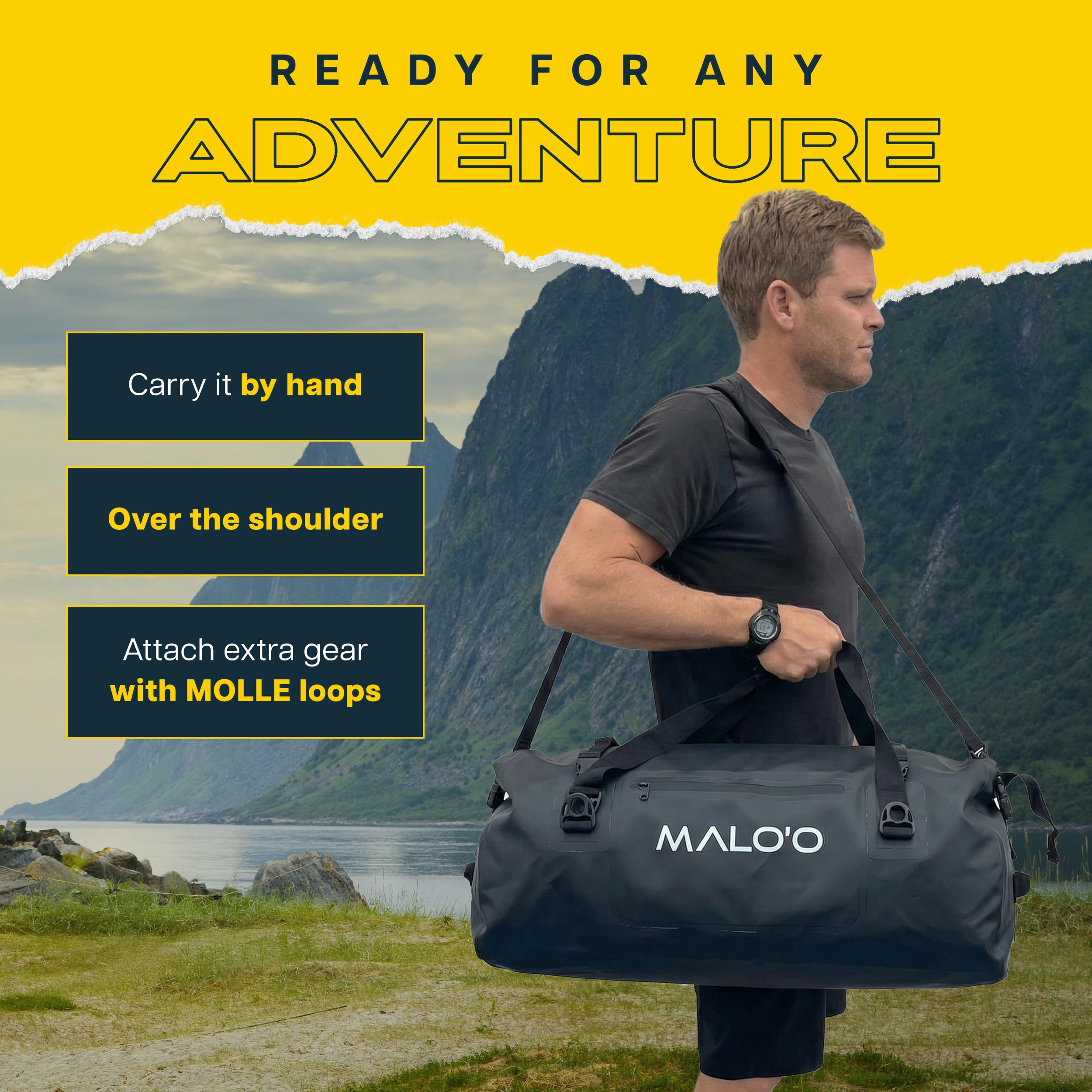 Malo’o Waterproof Dry Duffel, Heavy-Duty Roll Top Waterproof Gear Bag with Shoulder Straps & Molle Loops, Marine Duffel for Kayaking, Boating, Camping, Beach & Travel
