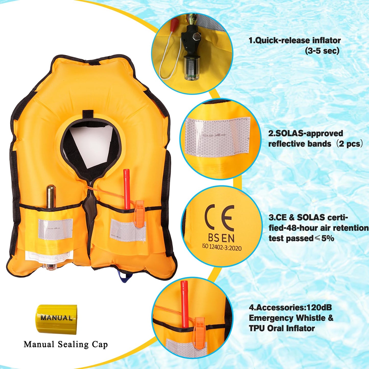 Inflatable Life-Jacket for Adults| Life-Vest Inflation-PFD with Whistle| Automatic & Manual Lightweight Supports up to 300 lbs for Kayaking Fishing Boating