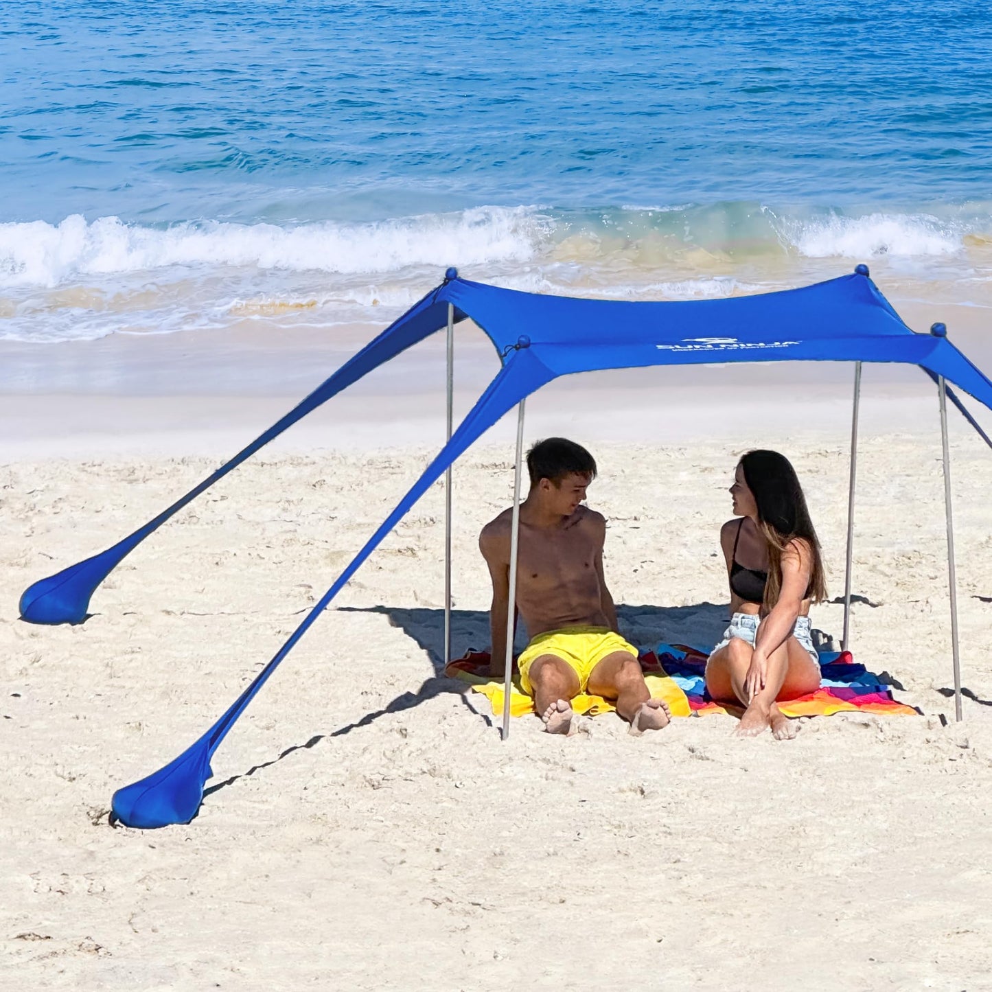 SUN NINJA Beach Tent Sun Shelter UPF50+ - Easy Pop Up Beach Canopy - Outdoor Shade for Camping Trips, Fishing, Backyard Fun Picnics - Sand Shovel, Ground Pegs & Stability Poles