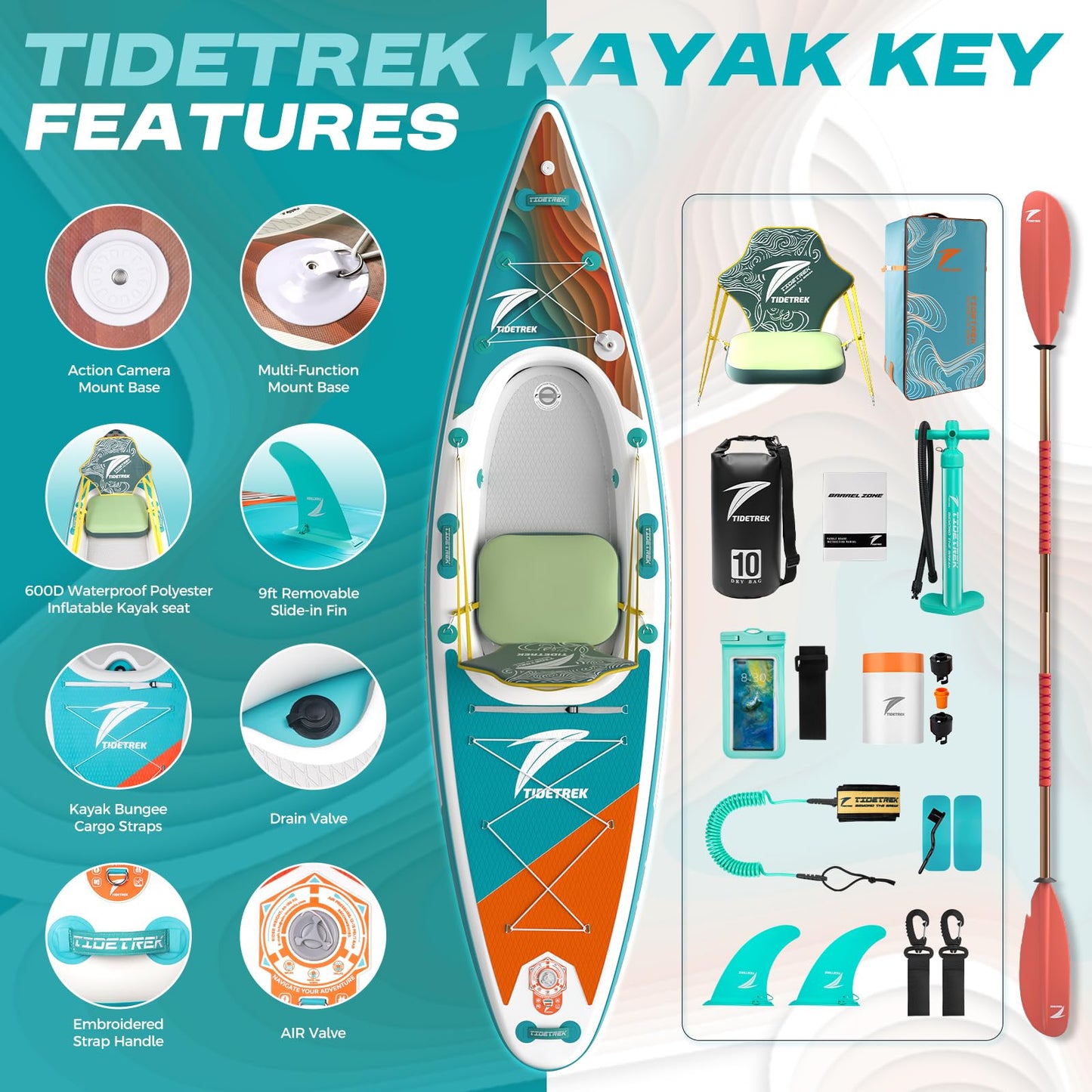 TIDETREK Inflatable Touring Kayak with Waterproof Seat & Premium Accessories, 11'3" x 35" x 8" Ultra-Stable SUP Kayak Hybrid, Non-Slip Comfort Deck for Adults & Youth