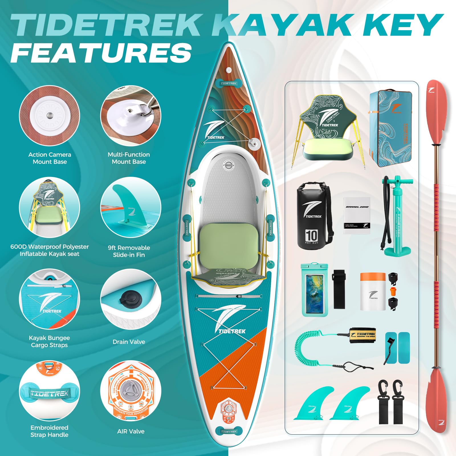 TIDETREK Inflatable Touring Kayak with Waterproof Seat & Premium Accessories, 11'3" x 35" x 8" Ultra-Stable SUP Kayak Hybrid, Non-Slip Comfort Deck for Adults & Youth