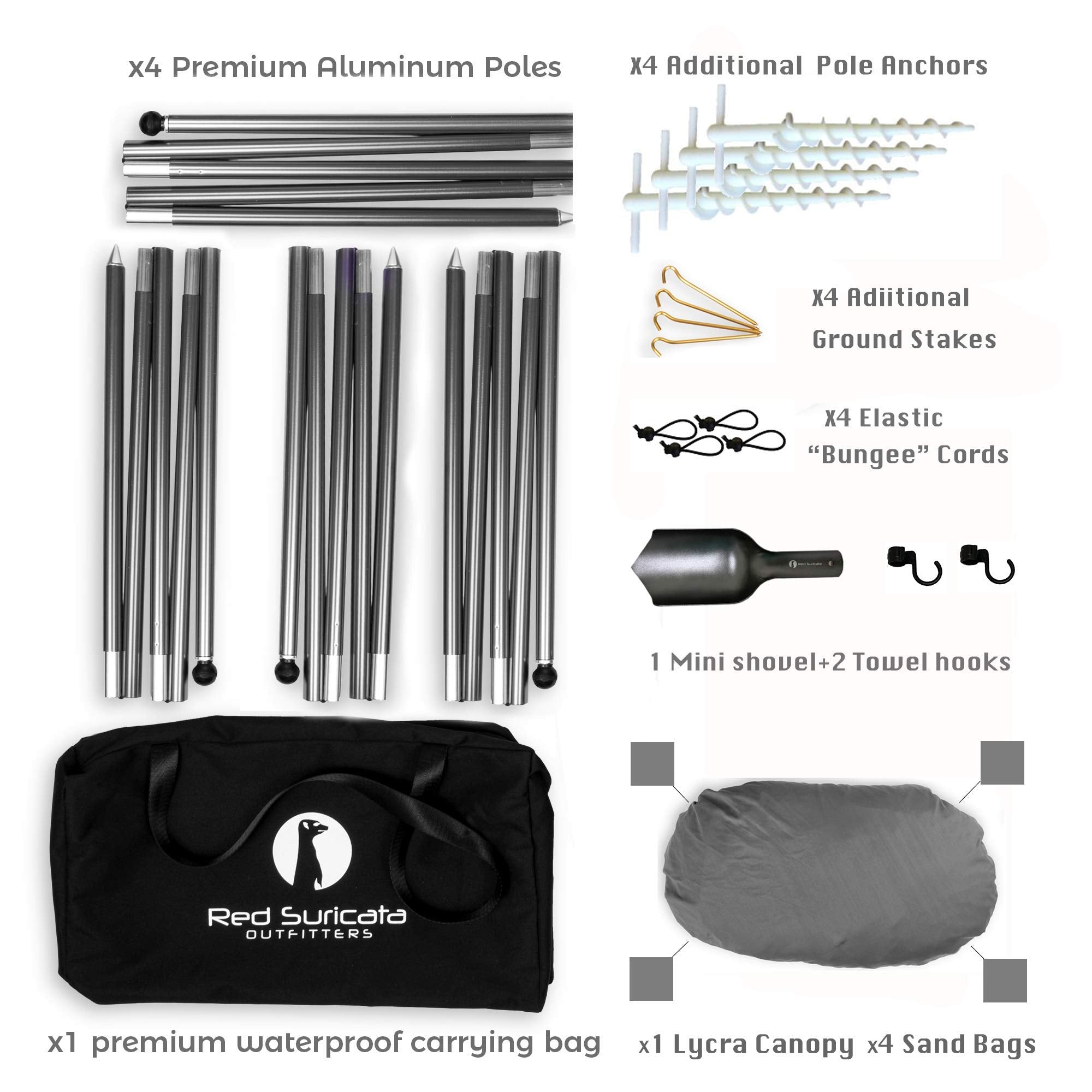 Red Suricata Family Beach Parasol - Sun Shade Canopy | UPF 50 UV Protection | Tent with 4 Aluminium Poles, 4 Pole Anchors, 4 Sandbag Anchors | Large & Portable Shelter Tarp